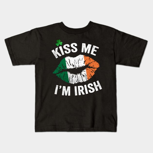 Kiss Me, I'm Irish with Ireland Flag and Shamrock Kids T-Shirt by dreadtwank
